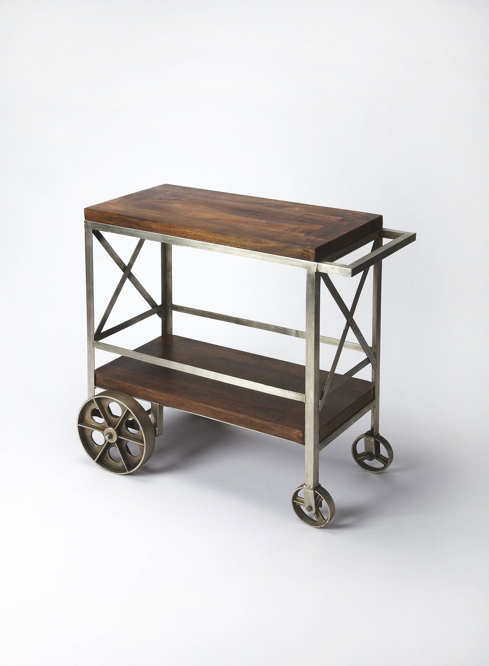 Butler Industrial Style Mango Wood & Iron Bar Cart: Butler Industrial Style Mango Wood & Iron Bar Cart Enhance your entertaining space with this stylish bar cart, crafted from durable mango wood and iron. Featuring a stunning Industrial Chic Brown Mult