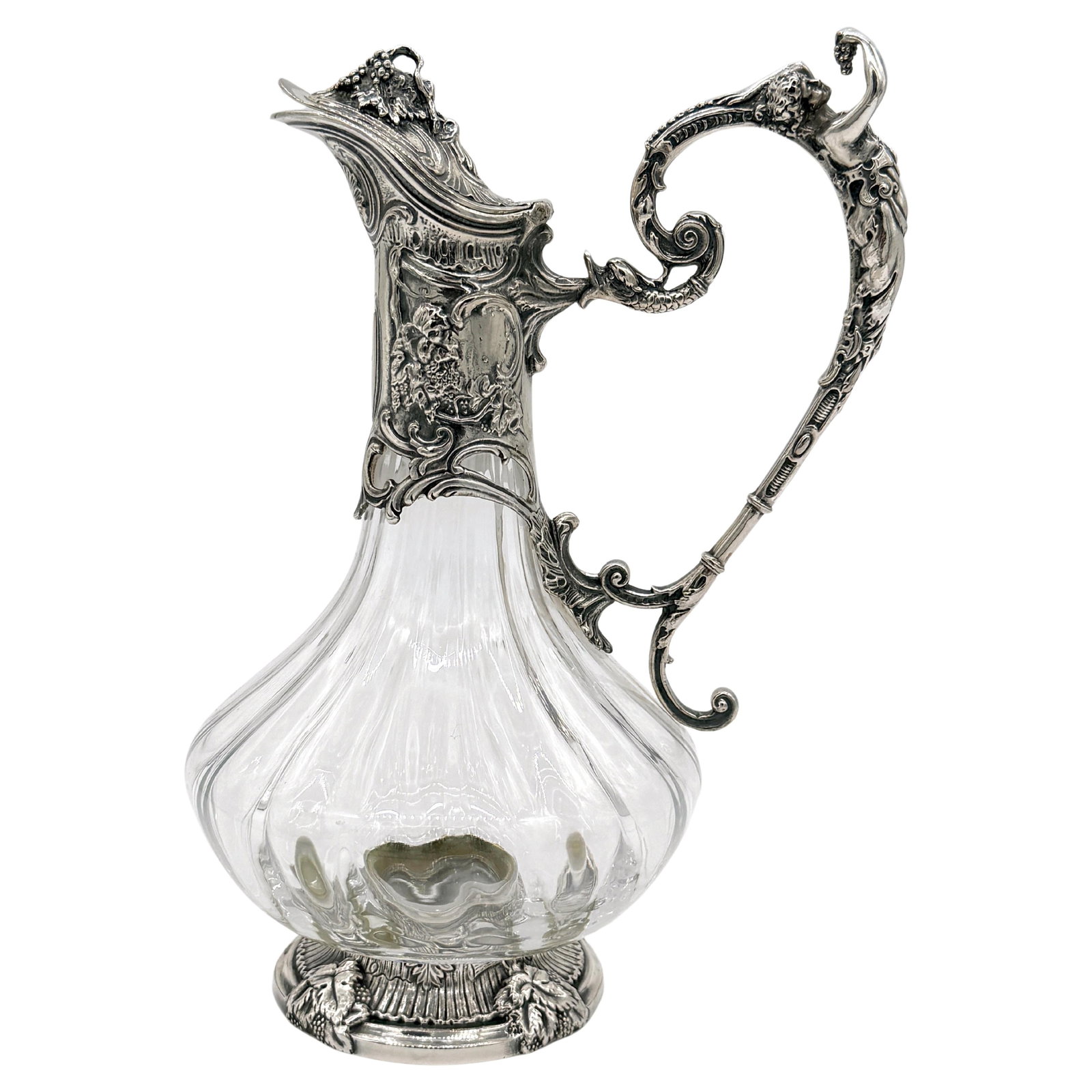 Art Nouveau Style Silverplate Claret Jug by Cristallerie Lorraine: Art Nouveau Style Silverplate Claret Jug by Cristallerie Lorraine This exquisite French Art Nouveau-style figural claret jug is a stunning example of craftsmanship, standing 10 inches high, 7.5 inches