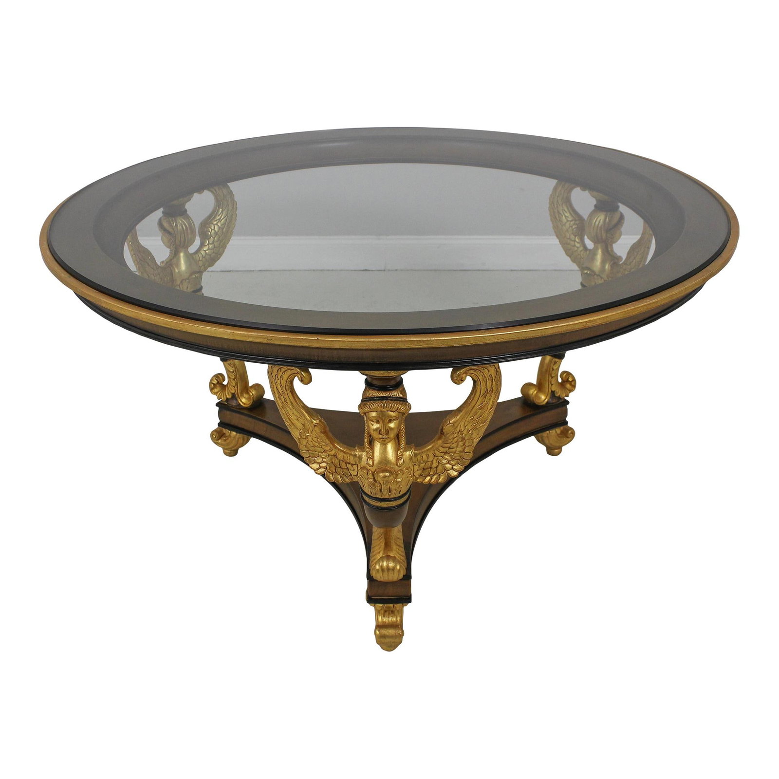 French Regency Round Dining Table with Winged Females Gold Gilt Glass Top: French Regency Round Dining Table with Winged Females Gold Gilt Glass Top Experience elegance with this stunning French Regency Glass Top Round Dining Table featuring full figural winged females. Craf