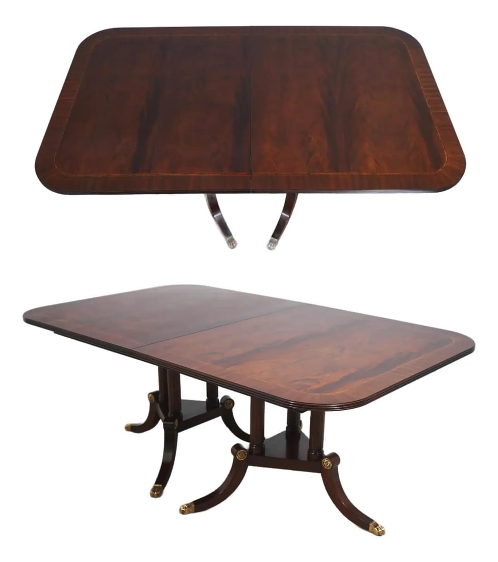 Regency Pedestal Dining Table Model 2276 Figural Mahogany Inlay by Henkel Harris: Regency Pedestal Dining Table Model 2276 Figural Mahogany Inlay by Henkel Harris This Henkel Harris dining table features an inlaid flame mahogany top with fine carved details and impressive craftsman