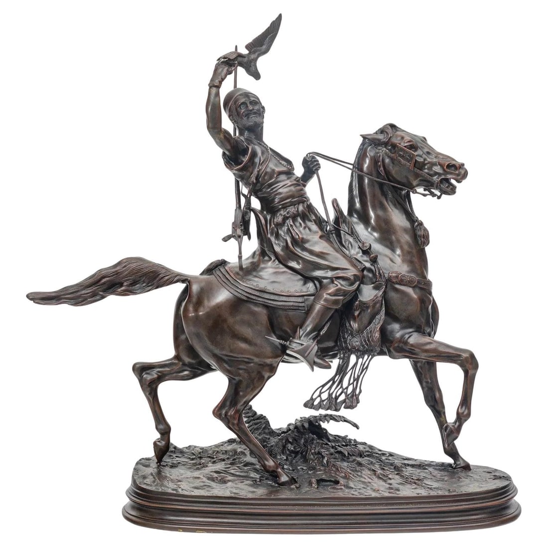 Bronze Equestrian Falconer Sculpture Late 1800s After Pierre Jules Mene: Bronze Equestrian Falconer Sculpture Late 1800s After Pierre Jules Mene This late 19th-century bronze sculpture depicts a falconer on horseback, crafted after the original model by renowned French art