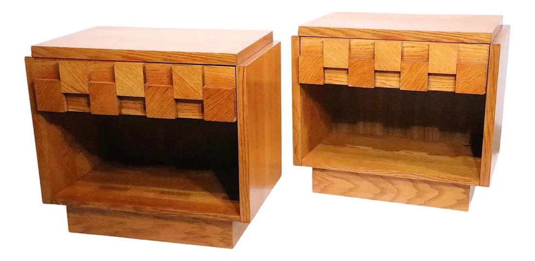 Set of Two Oak Staccato Series Nightstands Brutalist Lane Furniture 1970s: Set of Two Oak Staccato Series Nightstands Brutalist Lane Furniture 1970s This iconic pair of Brutalist style nightstands by the Lane Furniture Company is part of the coveted Staccato series from the 