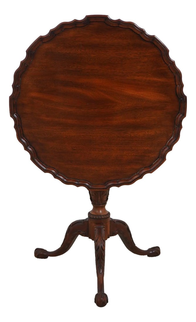 Henkel Harris Chippendale Mahogany Tilt Top Table with Claw Feet: Henkel Harris Chippendale Mahogany Tilt Top Table with Claw Feet This exquisite Henkel Harris Chippendale-style tilt-top table showcases fine craftsmanship and timeless elegance. Crafted around 1991, 