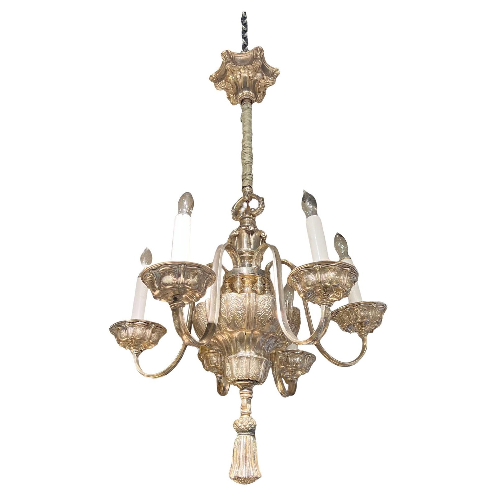 Neoclassical Six-Light Silvered Metal Chandelier Attributed to Edward F Caldwell: Neoclassical Six-Light Silvered Metal Chandelier Attributed to Edward F Caldwell This antique silvered metal chandelier, attributed to Edward F. Caldwell & Co., features a neoclassical design from the