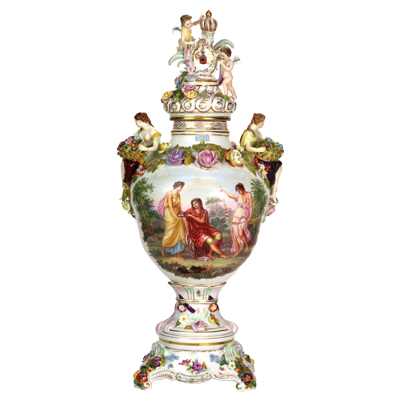 Dresden Porcelain Rococo Revival Palace Urn with Figures and Floral Motifs c1880: Dresden Porcelain Rococo Revival Palace Urn with Figures and Floral Motifs c1880 This large German Dresden lidded porcelain palace urn from circa 1880 exemplifies the Rococo Revival style, featuring e