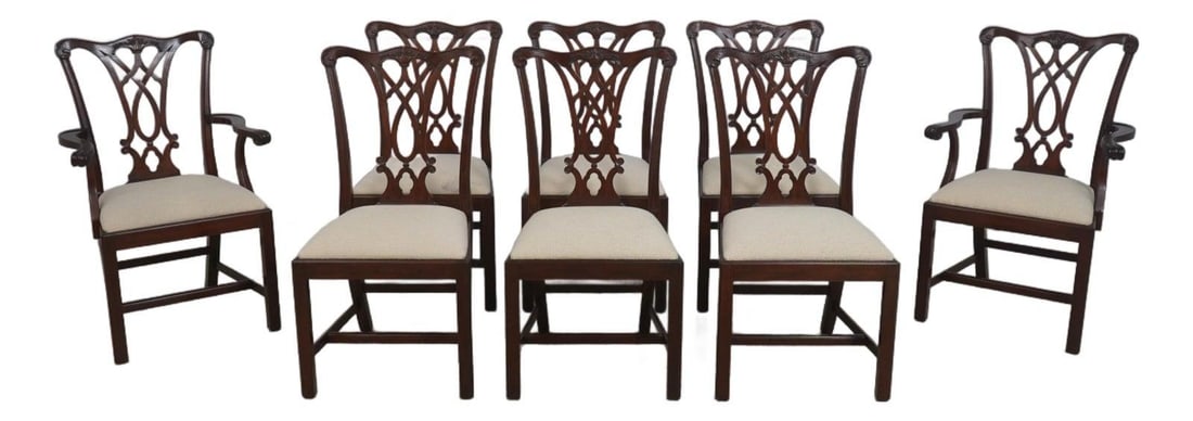 Eight Mahogany Chippendale Style Dining Chairs Model 107 by Henkel Harris Set of 8: Eight Mahogany Chippendale Style Dining Chairs Model 107 by Henkel Harris Set of 8 This set includes eight Henkel Harris Model 107 dining chairs crafted from mahogany with fine carved details. Featuri