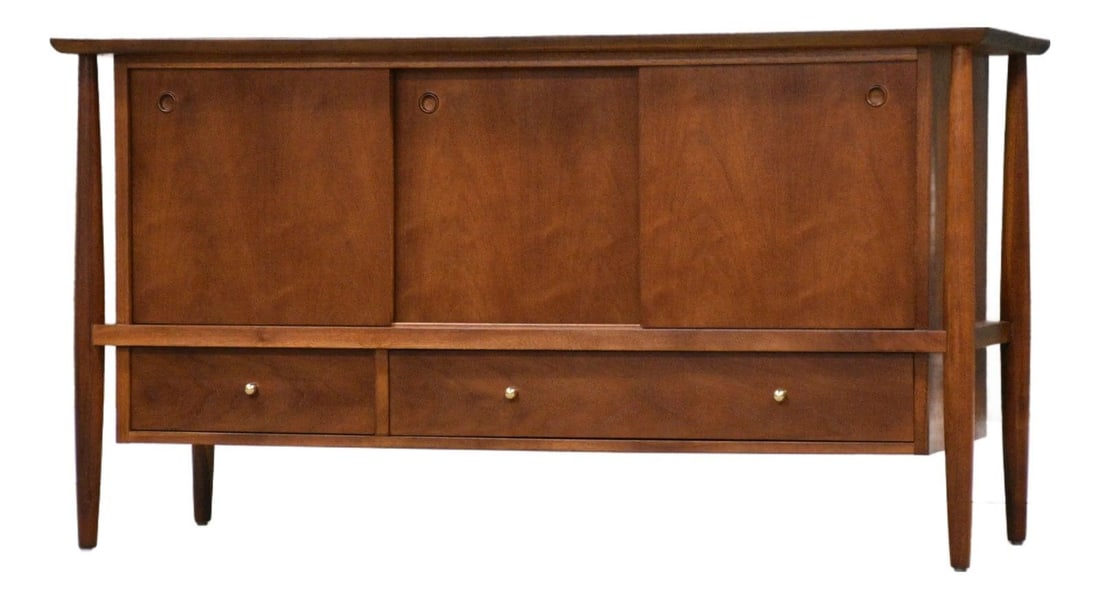 Mid Century Modern Walnut Credenza Mt Airy 56 Inch With Sliding Doors: Mid Century Modern Walnut Credenza Mt Airy 56 Inch With Sliding Doors This mid-century modern sideboard credenza, crafted by Mt. Airy and retailed by John Stuart, features a professionally refinished 