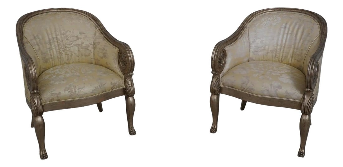 Elegant Pair of Silver Finish Neoclassical Damask Club Chairs: Elegant Pair of Silver Finish Neoclassical Damask Club Chairs This exquisite pair of Neoclassical club chairs showcases a stunning silver finish complemented by elegant damask upholstery. Crafted appr