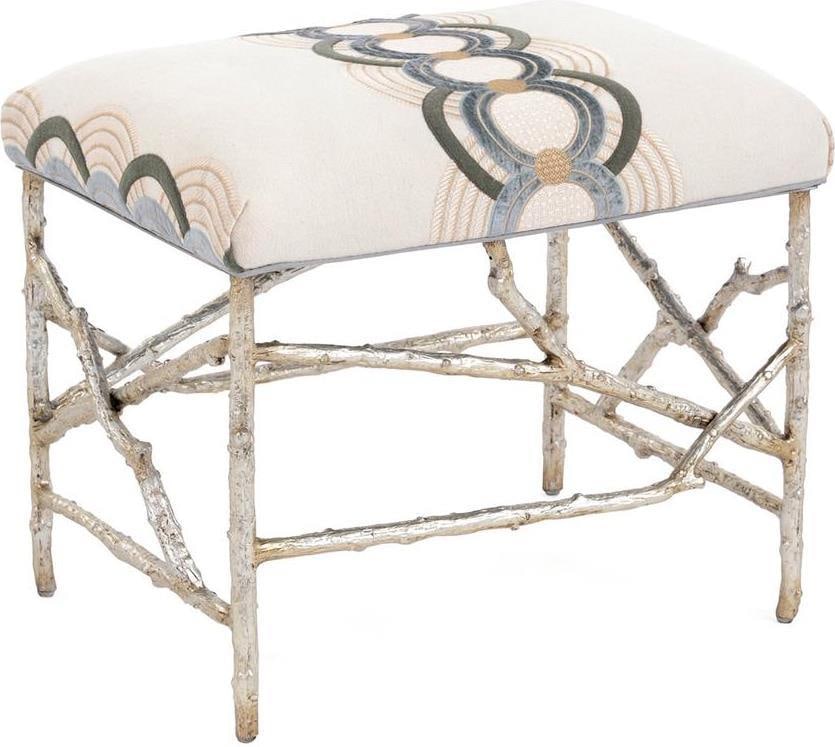 John-Richard Transitional Silver Ottoman with Branch Base: John-Richard Transitional Silver Ottoman with Branch Base This elegant silver ottoman features a unique branch-style base, blending transitional design elements with functional comfort. Upholstered in