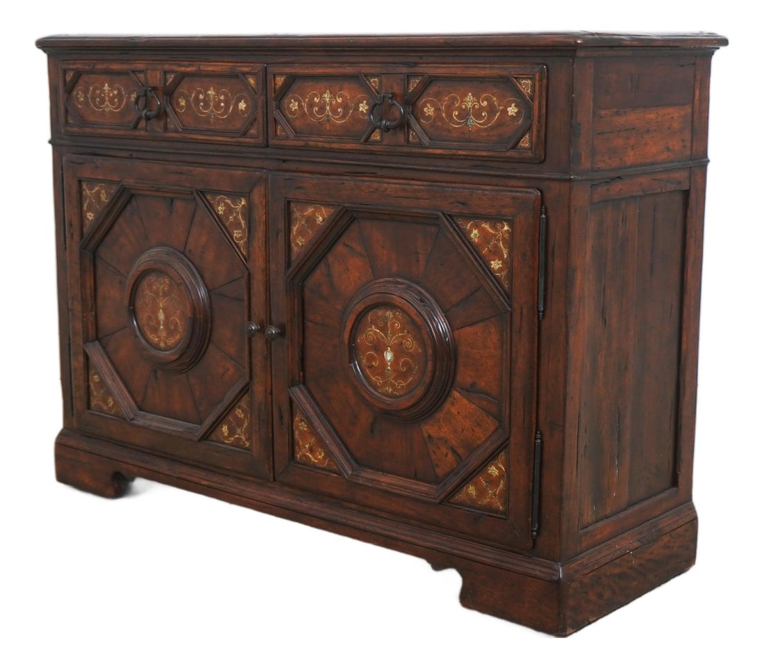 Mother of Pearl Inlaid Castle Bromwich English Style Sideboard by Theodore Alexander: Mother of Pearl Inlaid Castle Bromwich English Style Sideboard by Theodore Alexander This Castle Bromwich sideboard cabinet by Theodore Alexander features stunning mother of pearl inlaid details and h