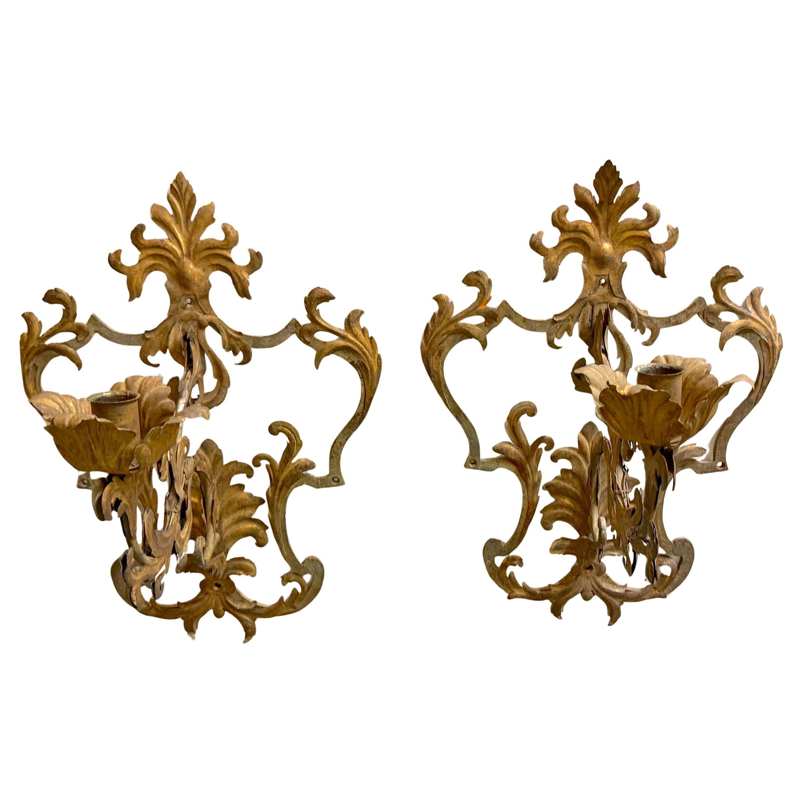 Set of Two 1890s Italian Gilt and Polychrome Tole Candle Wall Sconces: Set of Two 1890s Italian Gilt and Polychrome Tole Candle Wall Sconces This impressive large pair of Venetian wall sconces dates to the late 19th century and showcases Neoclassical design influences wi