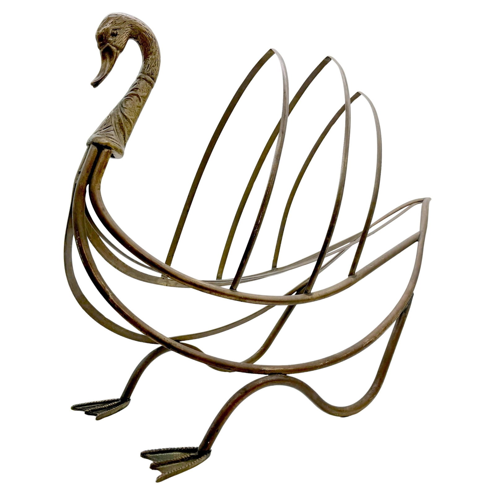 Maison Jansen Style Patinated Bronze Swan Magazine Rack 1960s: Maison Jansen Style Patinated Bronze Swan Magazine Rack 1960s Introducing an elegant patinated bronze magazine rack/stand inspired by the iconic designs of Maison Jansen, crafted in France circa the 1