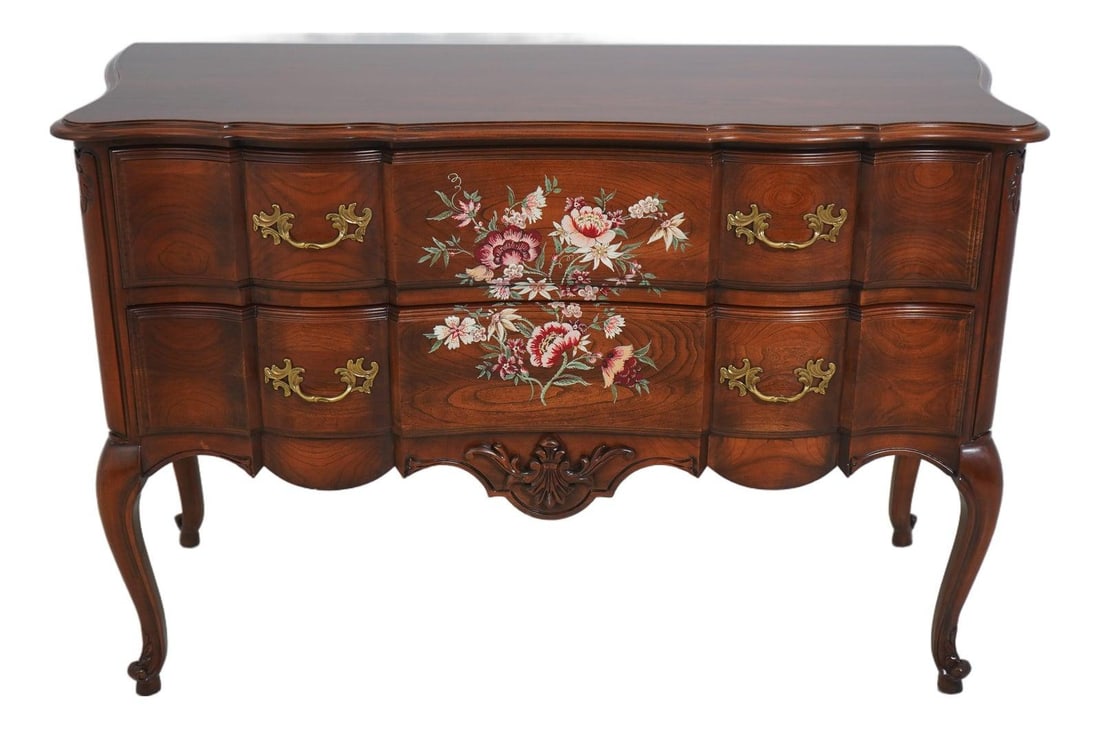 French Style Cherry Wood Commode with Painted Finish and Brass Hardware: French Style Cherry Wood Commode with Painted Finish and Brass Hardware This French-style cherry commode chest features a hand-painted decorated finish, serpentine curved drawer fronts and sides, and 