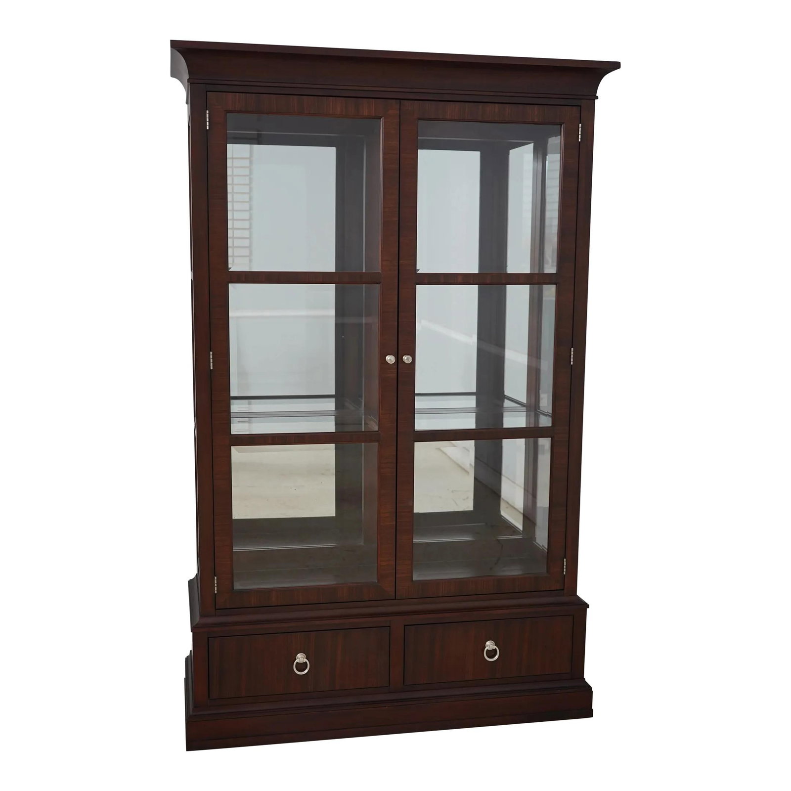 Ethan Allen Mahogany Bookcase with Lighted Interior: Ethan Allen Mahogany Bookcase with Lighted Interior This elegant Ethan Allen Modern Design Mahogany Bookcase features high-quality construction with walnut door and drawer fronts and a sophisticated s