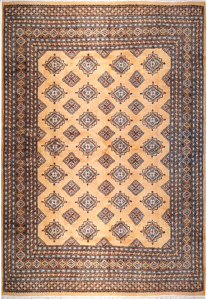 6' x 7' Tan Jaldar Bokara Hand-Knotted Wool Area Rug: 6' x 7' Tan Jaldar Bokara Hand-Knotted Wool Area Rug Free continental US Shipping Introducing a stunning 6' x 7' Tan Color Jaldar Bokara Rug, a true testament to traditional craftsmanship and timeless