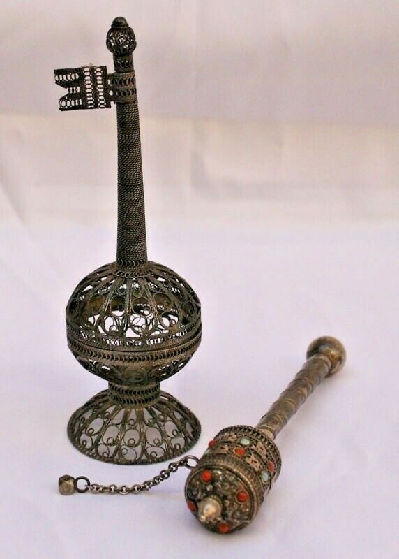 Antique 1900 Chinese Sterling Silver Jeweled Prayer Set: Antique 1900 Chinese Sterling Silver Jeweled Prayer Set This exquisite two-piece collection of Chinese silver prayer tools dates back to 1900. The first piece is an antique silver wheel, standing appr