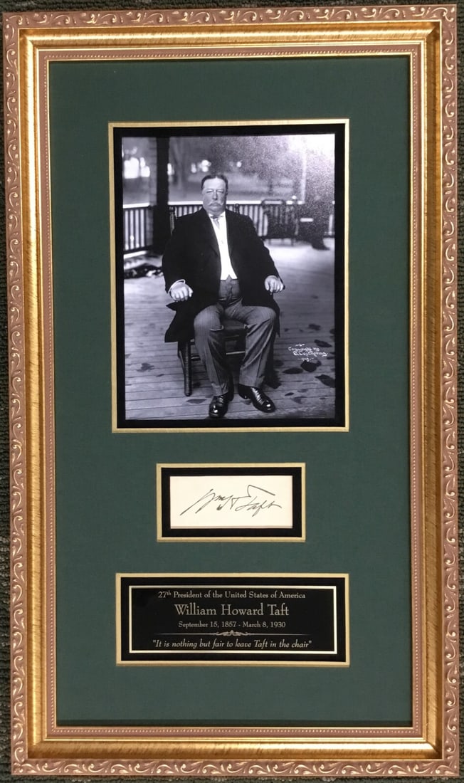 William H Taft Signed Cut Signature Custom Framed with JSA LOA: William H Taft Signed Cut Signature Custom Framed with JSA LOA This exquisite piece features a signed cut signature of President William H. Taft, elegantly custom framed for display. The document meas