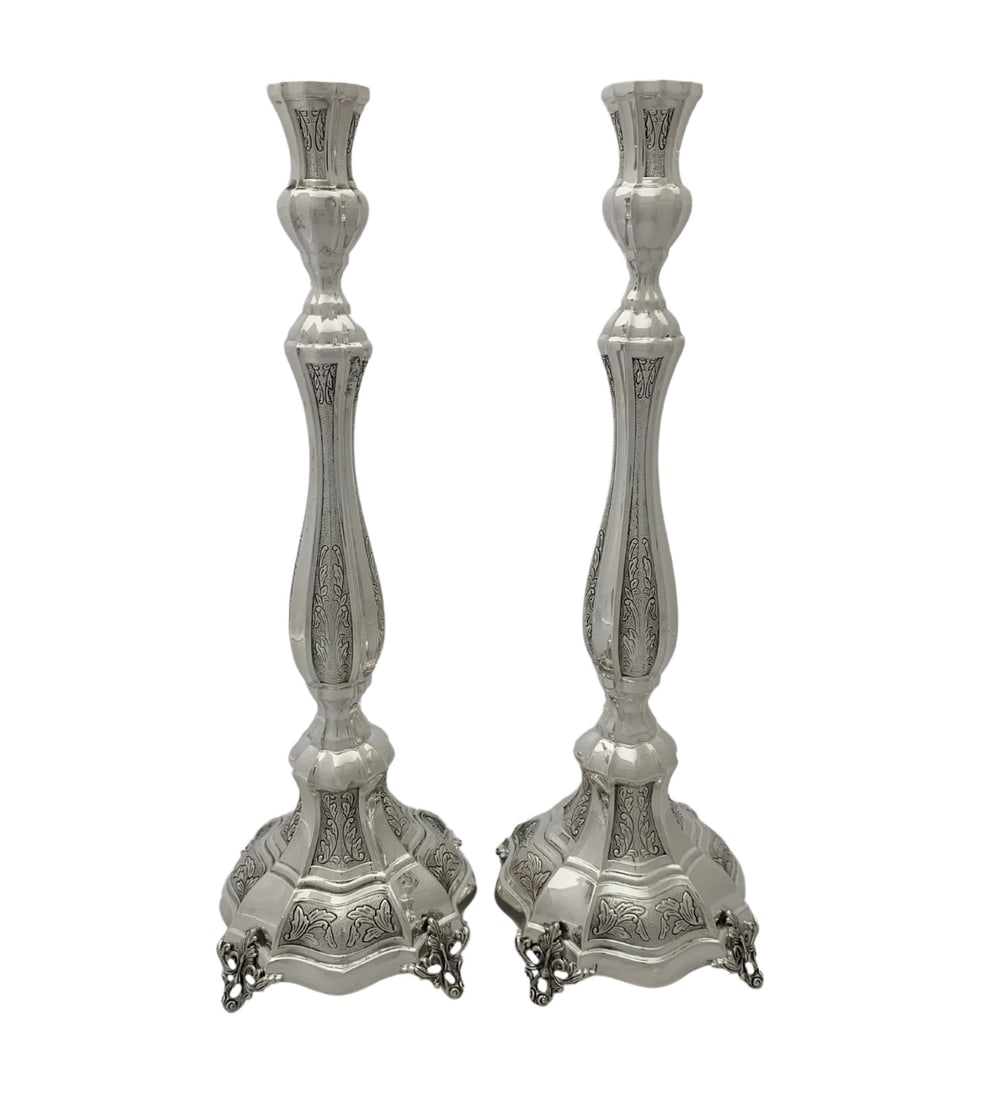 Handmade 925 Sterling Silver Leaf Chased Ornate Candlesticks 17.5 inches: Handmade 925 Sterling Silver Leaf Chased Ornate Candlesticks 17.5 inches Elevate your home decor with these exquisite handmade candlesticks crafted from Fine 925 Sterling Silver. Featuring intricate l