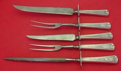 Dominick & Haff Lexington Engraved 5pc Sterling Silver Carving Set: Dominick & Haff Lexington Engraved 5pc Sterling Silver Carving Set This exquisite 5-piece roast carving set features the elegant Lexington Engraved pattern by Dominick & Haff. Crafted from high-qualit