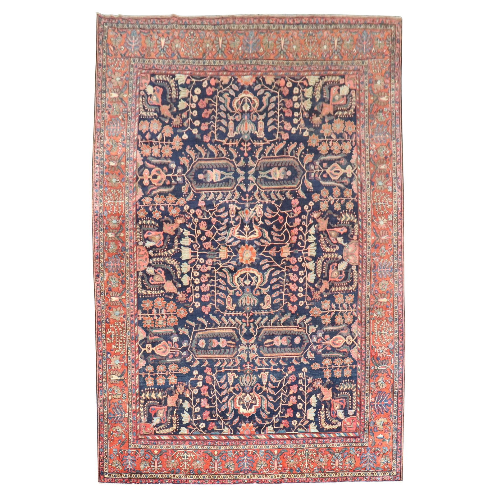 Antique Persian Sarouk Rug Navy Blue Hand-Knotted 102 x 142 in: Antique Persian Sarouk Rug Navy Blue Hand-Knotted 102 x 142 in This exquisite late 19th Century Sarouk rug showcases a rich navy blue field with intricate patterns characteristic of the Agra style. Ha