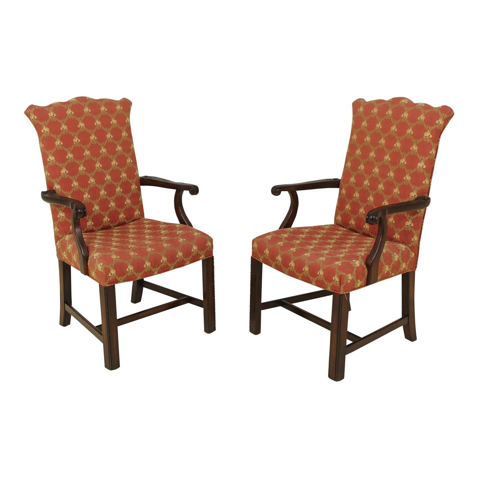 Henredon Chippendale Mahogany Armchairs Pair with Scalloped High Backs: Henredon Chippendale Mahogany Armchairs Pair with Scalloped High Backs This exquisite pair of Henredon Chippendale high back armchairs showcases a beautiful mahogany construction, exuding traditional 
