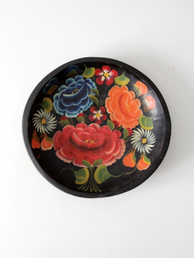 Hand Painted Wooden Bowl with Eastern European Folk Floral Art: Hand Painted Wooden Bowl with Eastern European Folk Floral Art This vintage hand-painted wooden bowl showcases bold red, blue, and orange florals set against a dark background, highlighting Eastern Eu