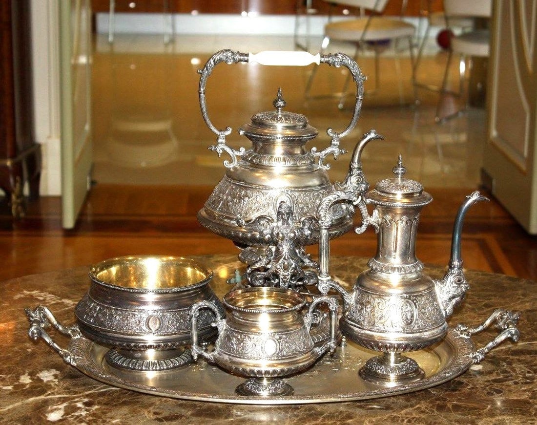 19th Century French 5-Piece 950 Sterling Silver Tea Set with Tray: 19th Century French 5-Piece 950 Sterling Silver Tea Set with Tray Discover this magnificent 19th century French 5-piece tea set crafted from 950 sterling silver, showcasing exquisite craftsmanship and