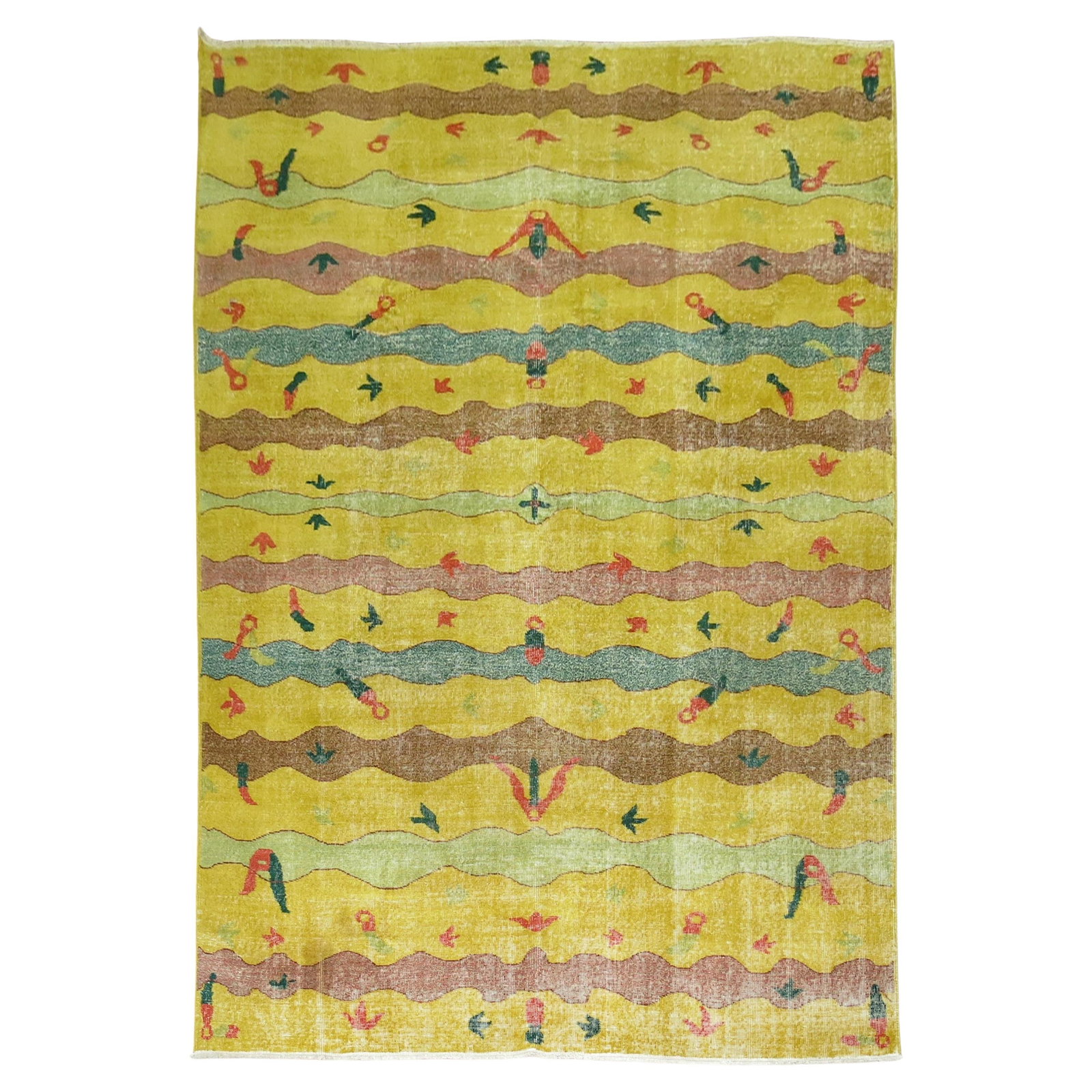 Zabihi Collection Yellow Turkish Deco Rug Mid-Century Modern Wool Hand-Knotted 7' x 10'2'': Zabihi Collection Yellow Turkish Deco Rug Mid-Century Modern Wool Hand-Knotted 7' x 10'2'' Enhance your living space with the Zabihi Collection Yellow Turkish Deco Rug, a stunning piece that embodies 