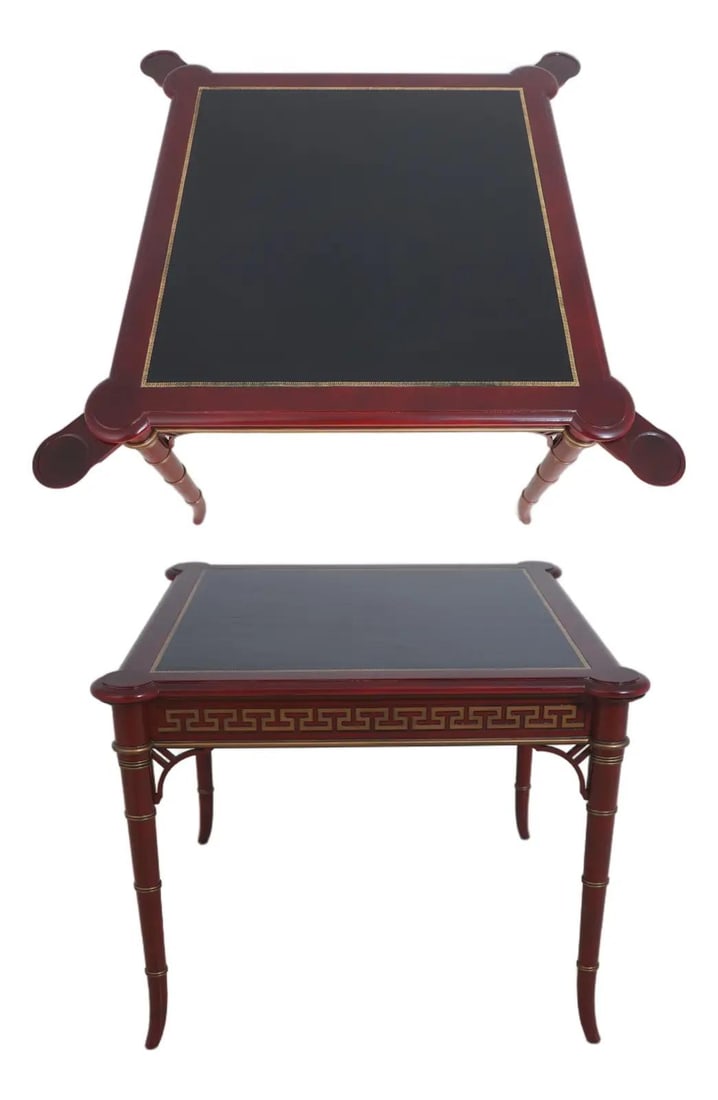 Reddish Painted Wood Game Table with Black Leather Top and Bamboo Style Legs: Reddish Painted Wood Game Table with Black Leather Top and Bamboo Style Legs This games table features a reddish painted wood finish with high quality construction. The tabletop is adorned with a Gree