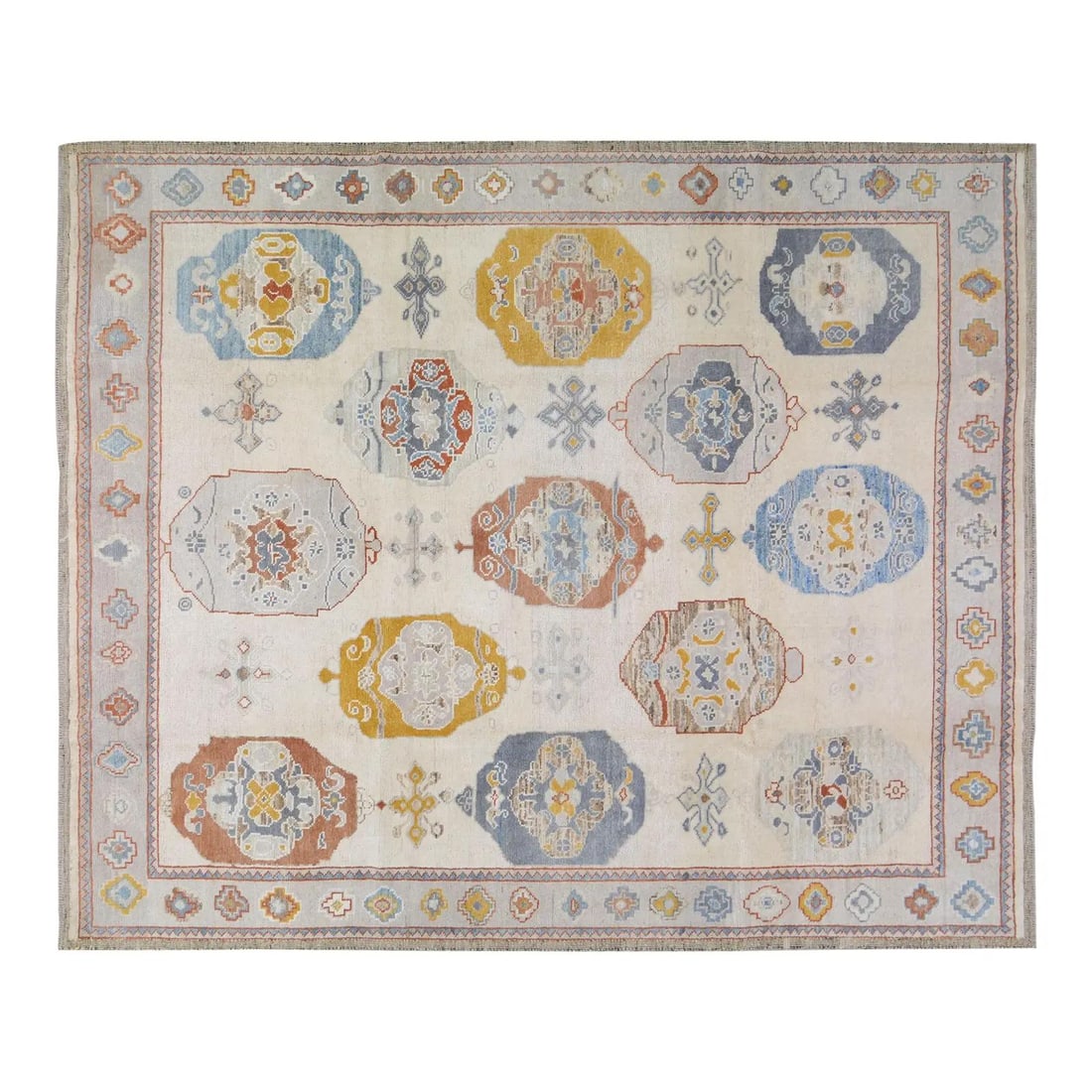 8'7 x 10'5 Wool Rug Hand-Knotted Oushak Design: 8'7 x 10'5 Wool Rug Hand-Knotted Oushak Design This hand-knotted Oushak wool rug is crafted using traditional techniques, offering a blend of timeless artistry and modern design. Its durable, soft tex