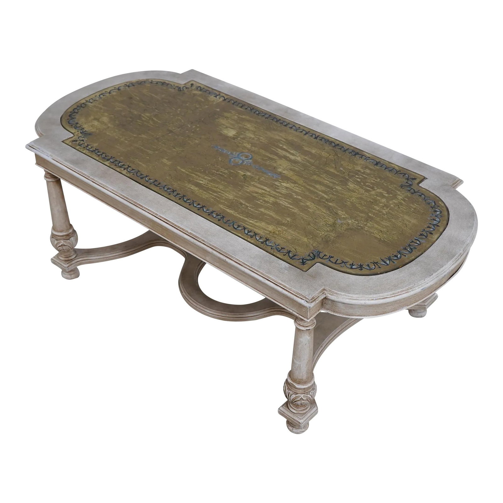 Italian Coffee Table with Eglomise Glass Top and Antique Finish: Italian Coffee Table with Eglomise Glass Top and Antique Finish This exquisite Italian coffee table showcases exceptional craftsmanship and elegant design. Featuring intricate carved details and a stu