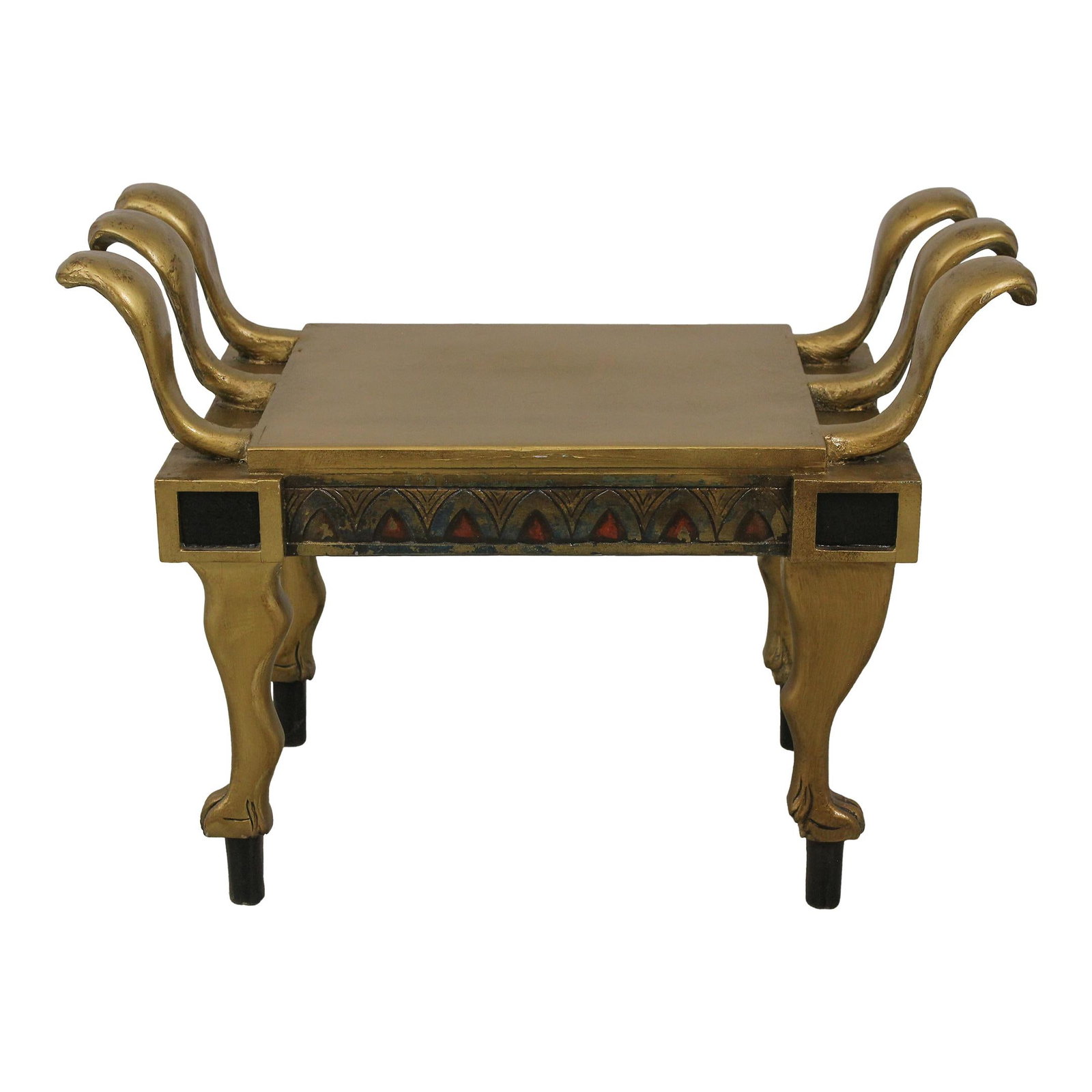 Egyptian Pharaonic Style Modern Bench with Gold Accents C.1960s: Egyptian Pharaonic Style Modern Bench with Gold Accents C.1960s This striking Egyptian Pharaonic Style Modern Design Bench features intricately carved paw feet and a unique blend of gold, black, and c