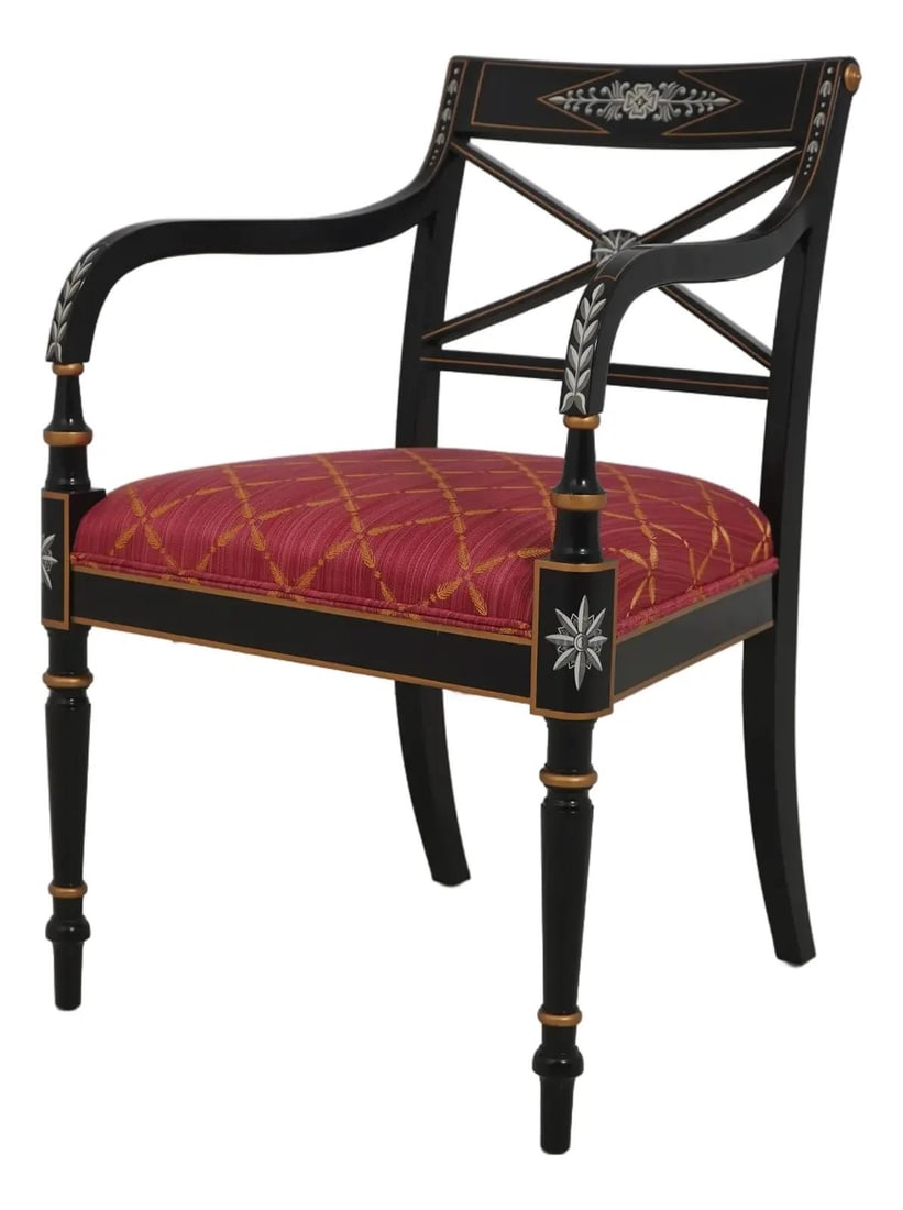 Kindel Regency Black Lacquer Armchair with Hand-Painted Details: Kindel Regency Black Lacquer Armchair with Hand-Painted Details Introducing a stunning Regency Style Armchair crafted by Kindel, showcasing exquisite black lacquer with hand-painted details. This armc