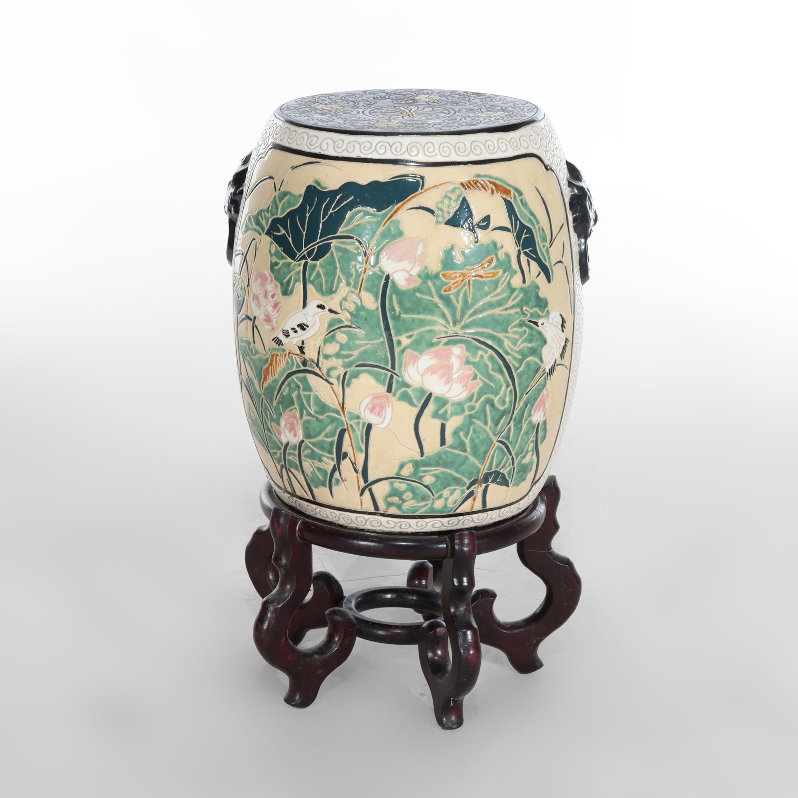 Vintage Chinese Pottery Garden Seat Bird Floral Design Wooden Base: Vintage Chinese Pottery Garden Seat Bird Floral Design Wooden Base This exquisite vintage Chinese pottery garden seat from the mid-20th century features intricate figural bird and floral designs, show