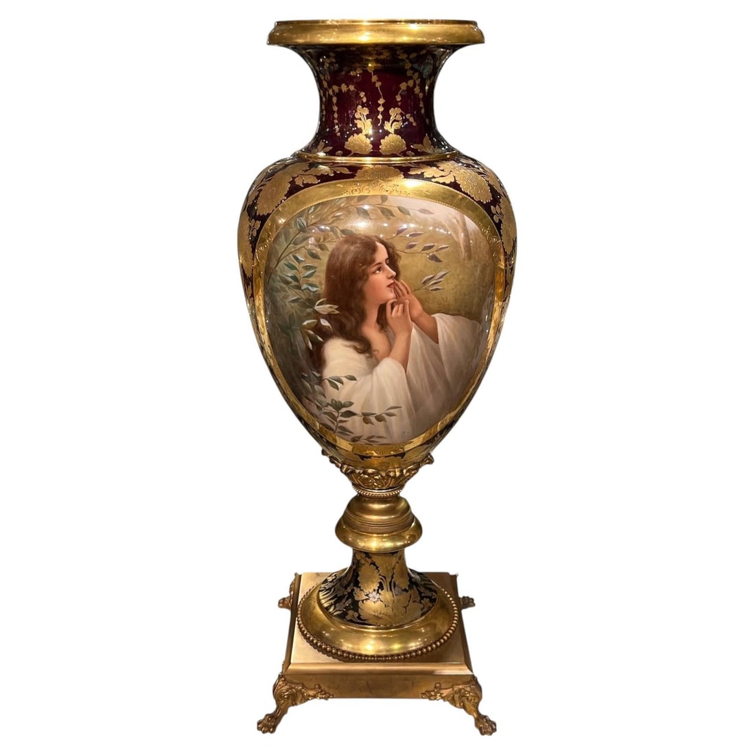 Austrian Porcelain Bronze Vase Signed Wagner 19th Century Royal Vienna Style: Austrian Porcelain Bronze Vase Signed Wagner 19th Century Royal Vienna Style This impressive late 19th-century Royal Vienna style vase features finely hand-painted porcelain with a portrait of a woman