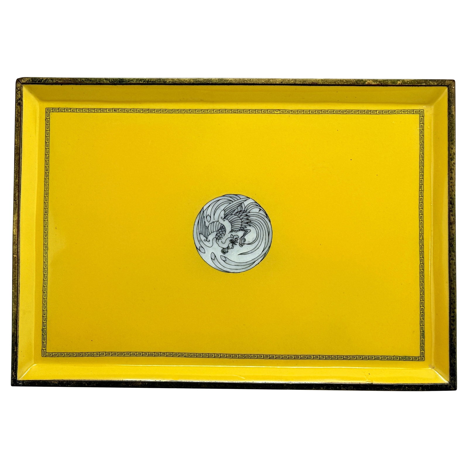 Showa Era Imperial Yellow Cloisonne Tray with Phoenix Medallion: Showa Era Imperial Yellow Cloisonne Tray with Phoenix Medallion This exquisite cloisonne enamel tray showcases the artistry of mid-20th century Japan, featuring a vibrant imperial yellow background an