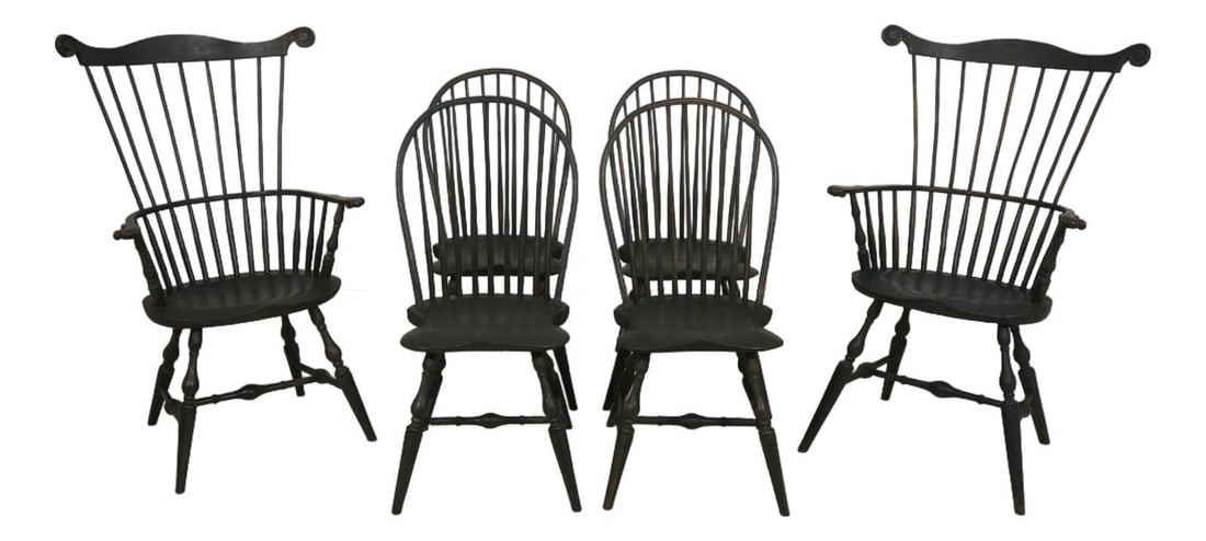 Set of 6 Terry Pelton Windsor Armchairs Handcrafted Brown Wood: Set of 6 Terry Pelton Windsor Armchairs Handcrafted Brown Wood This set of 6 Terry Pelton Windsor Dining Room Chairs, crafted around 1993, features a timeless design with shapely saddle seats and high