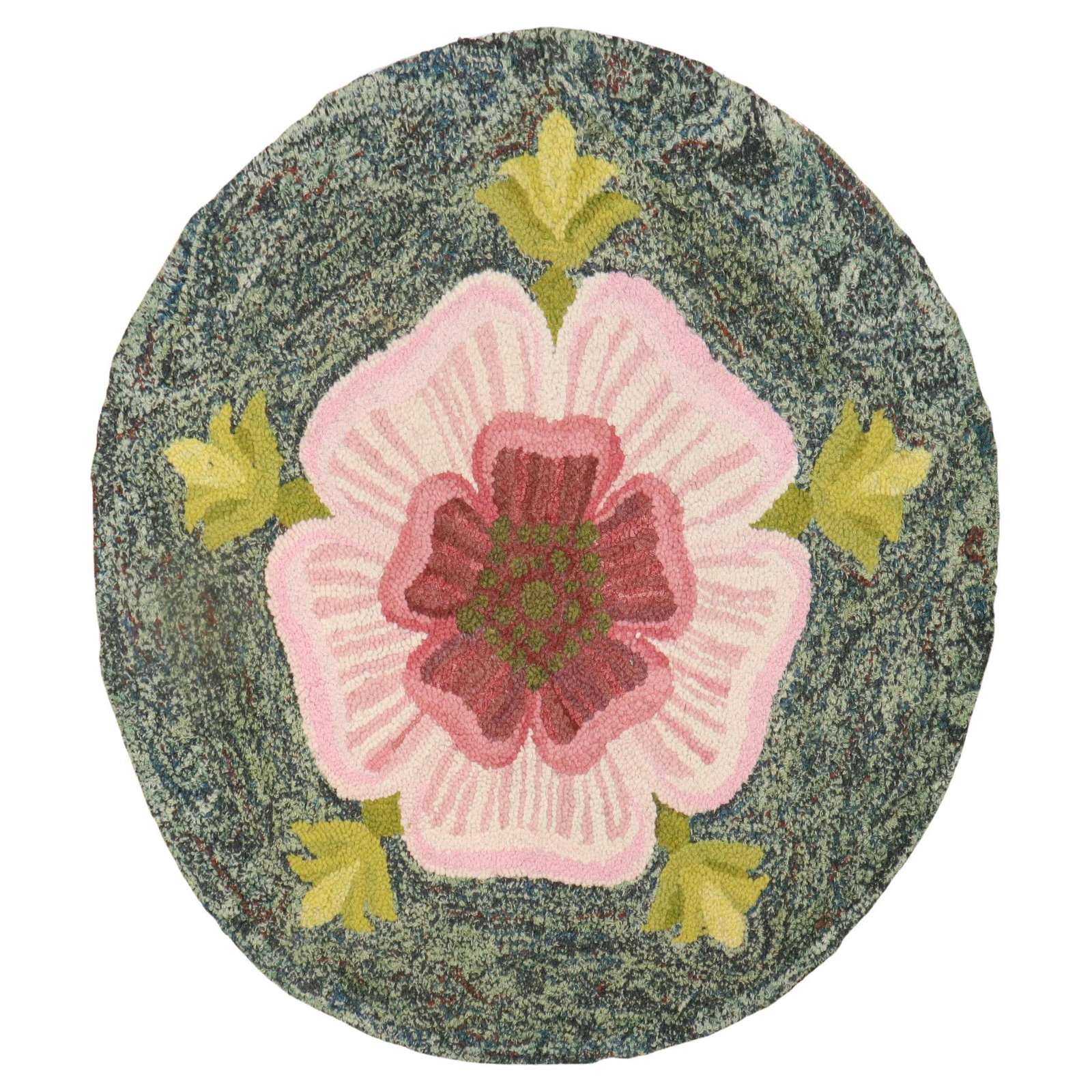 Vintage 20th Century American Floral Wool Hooked Rug 24in: Vintage 20th Century American Floral Wool Hooked Rug 24in Enhance your living space with this charming early 20th century American hooked round rug. Featuring a delightful floral design, this rug meas
