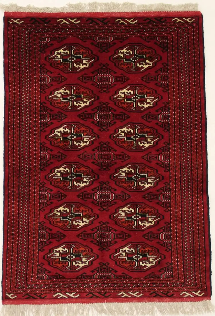 Wool Hand-Knotted Geometric Tribal Area Rug 3'4 x 5' Modern Red Ivory: Wool Hand-Knotted Geometric Tribal Area Rug 3'4 x 5' Modern Red Ivory This hand-knotted wool area rug features a geometric tribal pattern in shades of red, ivory, black, and brick. The rug is rectangu