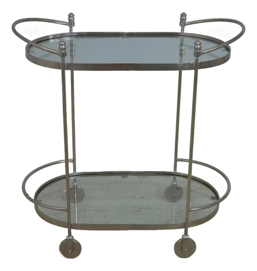 Modern Steel Serving Cart with Glass Top 32.5 x 18.5 x 33: Modern Steel Serving Cart with Glass Top 32.5 x 18.5 x 33 This elegant modern design serving cart features a polished steel frame, offering both durability and style. Its sleek glass top provides a so