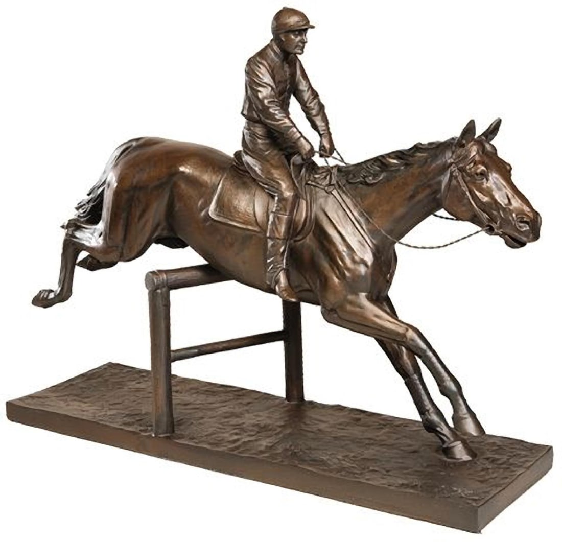 Steeple Chase Hand-Cast Sculpture in Chocolate Finish: Steeple Chase Hand-Cast Sculpture in Chocolate Finish This item is made at time of order. Please allow 42 to 70 days for production. Discover the Steeple Chase Sculpture, a stunning piece crafted in a