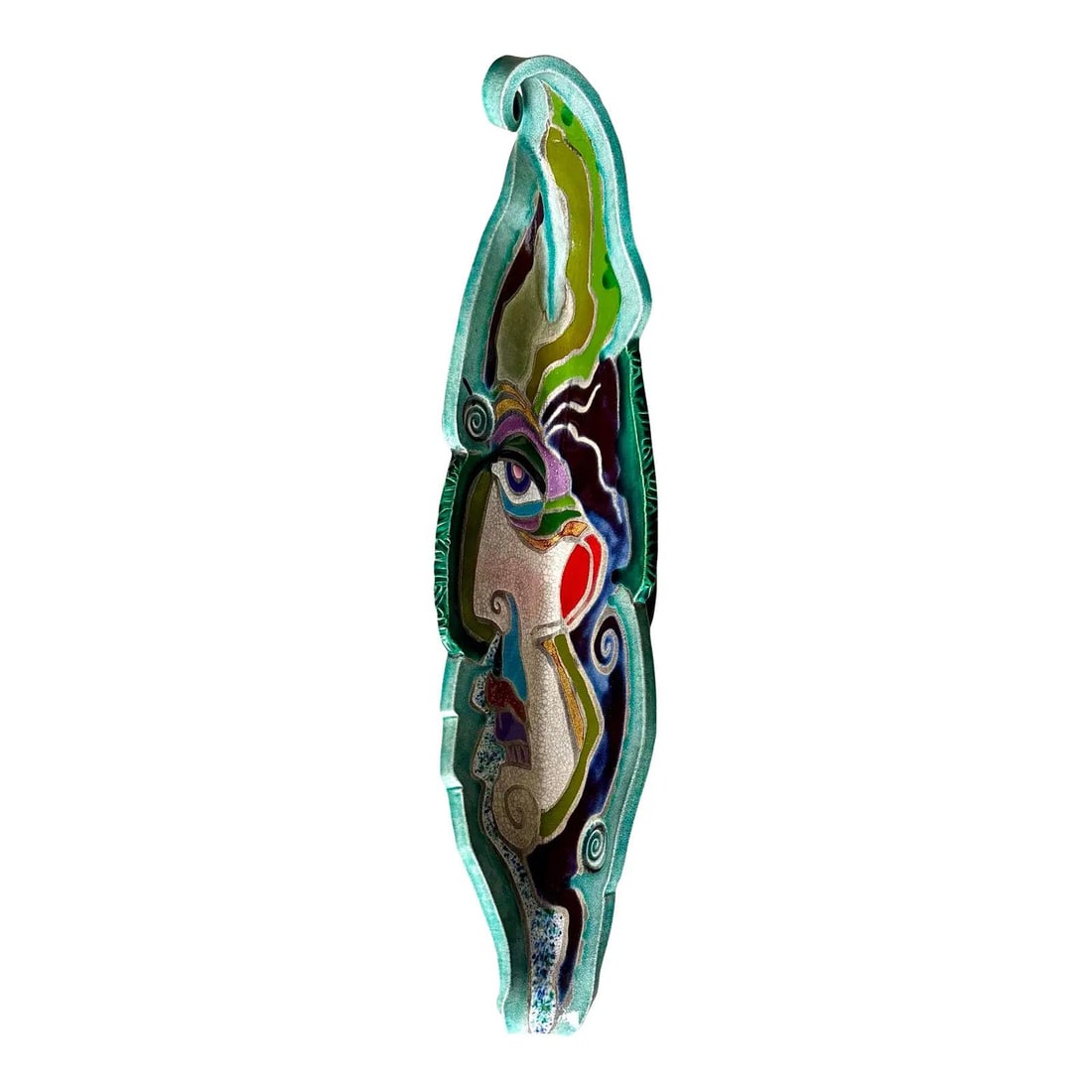 Elongated Pottery Bowl with Stylized Multicolor Face Design: Elongated Pottery Bowl with Stylized Multicolor Face Design This vintage boho pottery bowl features an elongated, organic shape with fluid curves and twists reminiscent of natural elements like leaves