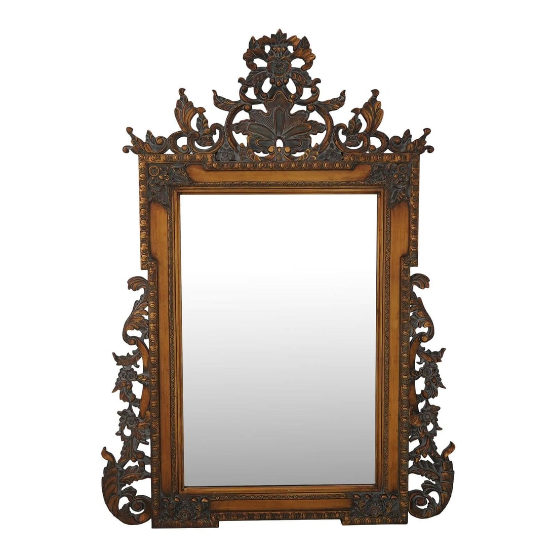 Large French Style Gold Ornate Wall Mirror with Beveled Glass and Scroll Motif: Large French Style Gold Ornate Wall Mirror with Beveled Glass and Scroll Motif This Baroque-style hanging wall mirror features a large, ornate carved frame with French-inspired scroll and leaf motifs.