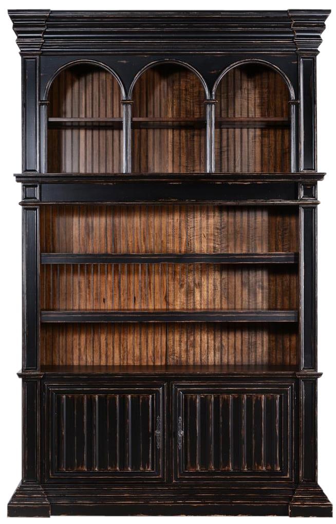 Antiqued Blackwash Cathedral Bookcase Solid Wood Old World Style 108H 72W 18D: Antiqued Blackwash Cathedral Bookcase Solid Wood Old World Style 108H 72W 18D Introducing the Stately Old World Cathedral Bookcase, an exquisite piece that beautifully combines antique and vintage aes