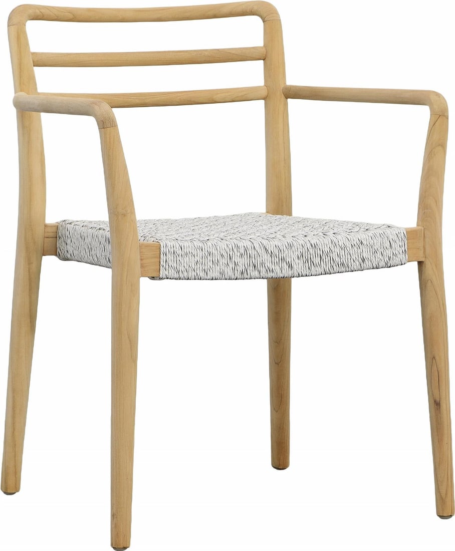 Detta Outdoor Dining Chair with Natural Wood and White Weave: Detta Outdoor Dining Chair with Natural Wood and White Weave Elevate your outdoor dining experience with this Elegant White Weave Outdoor Dining Chair. Featuring a stylish natural wood frame combined 