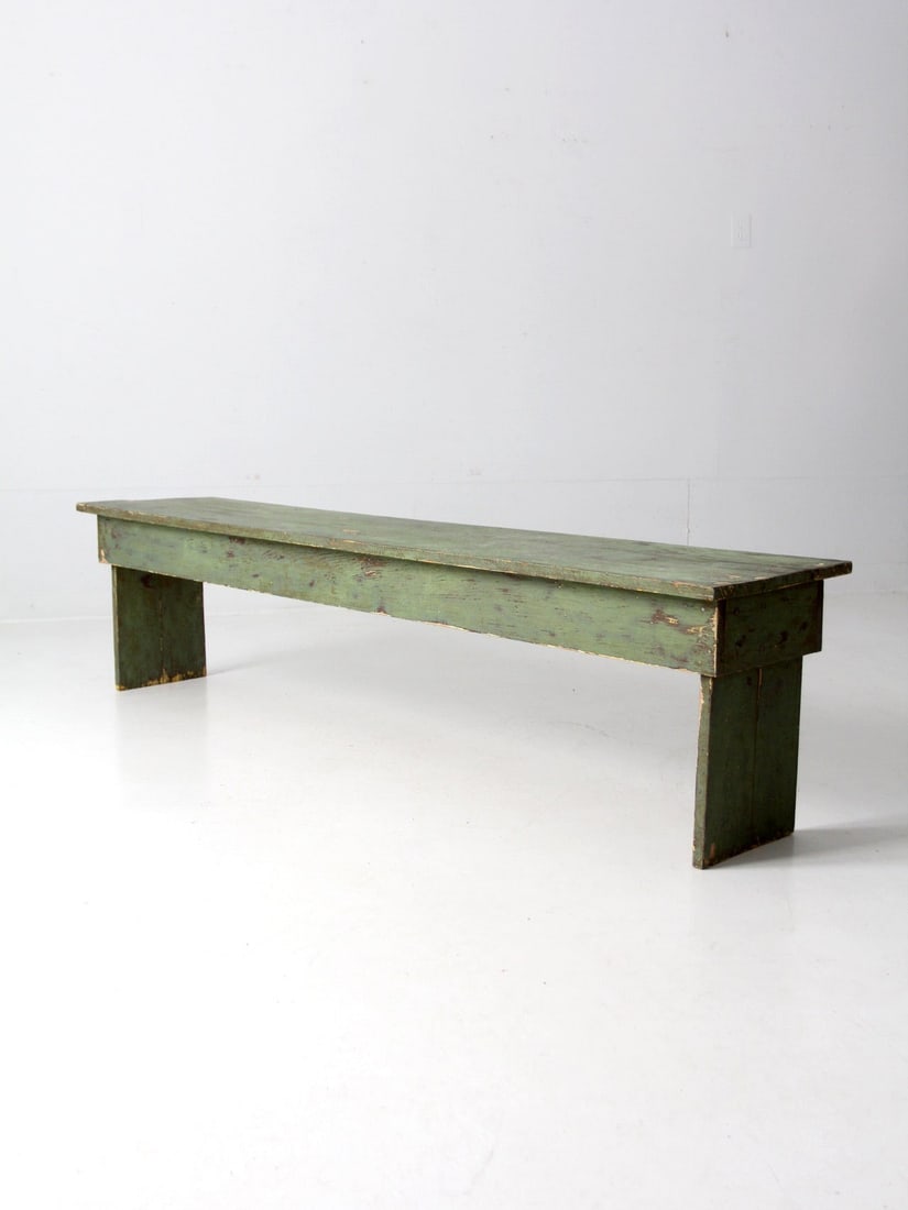 Primitive Green Painted Wooden Farmhouse Bench 72 Inch Rustic Antique Seating (1 of 14)