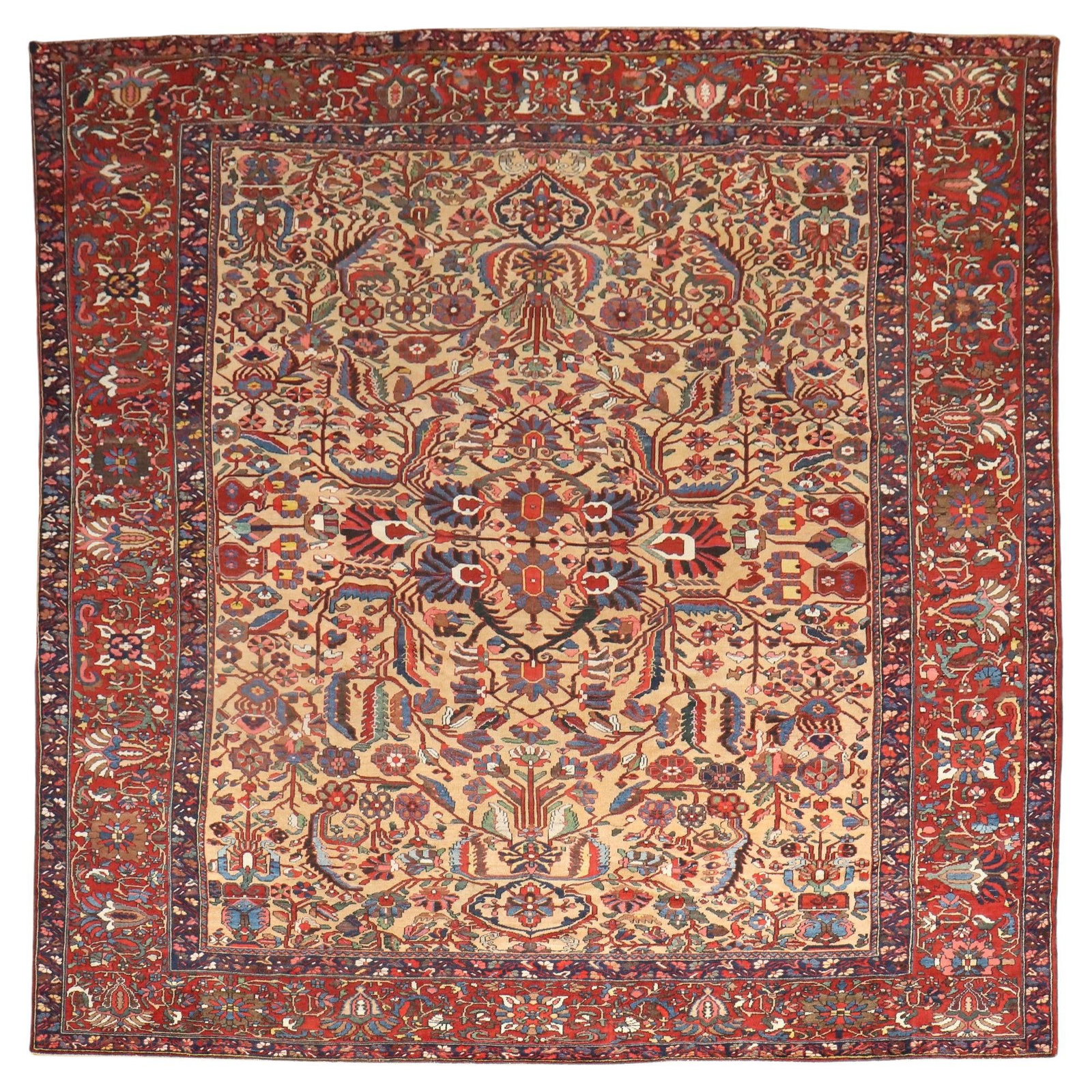 Antique Persian Bakhtiari Wool Hand-Woven Square Rug 11' x 12'2": Antique Persian Bakhtiari Wool Hand-Woven Square Rug 11' x 12'2" Transform your space with this stunning antique Persian Bakhtiari rug from the Zabihi Collection. Crafted in Iran during the early 20th