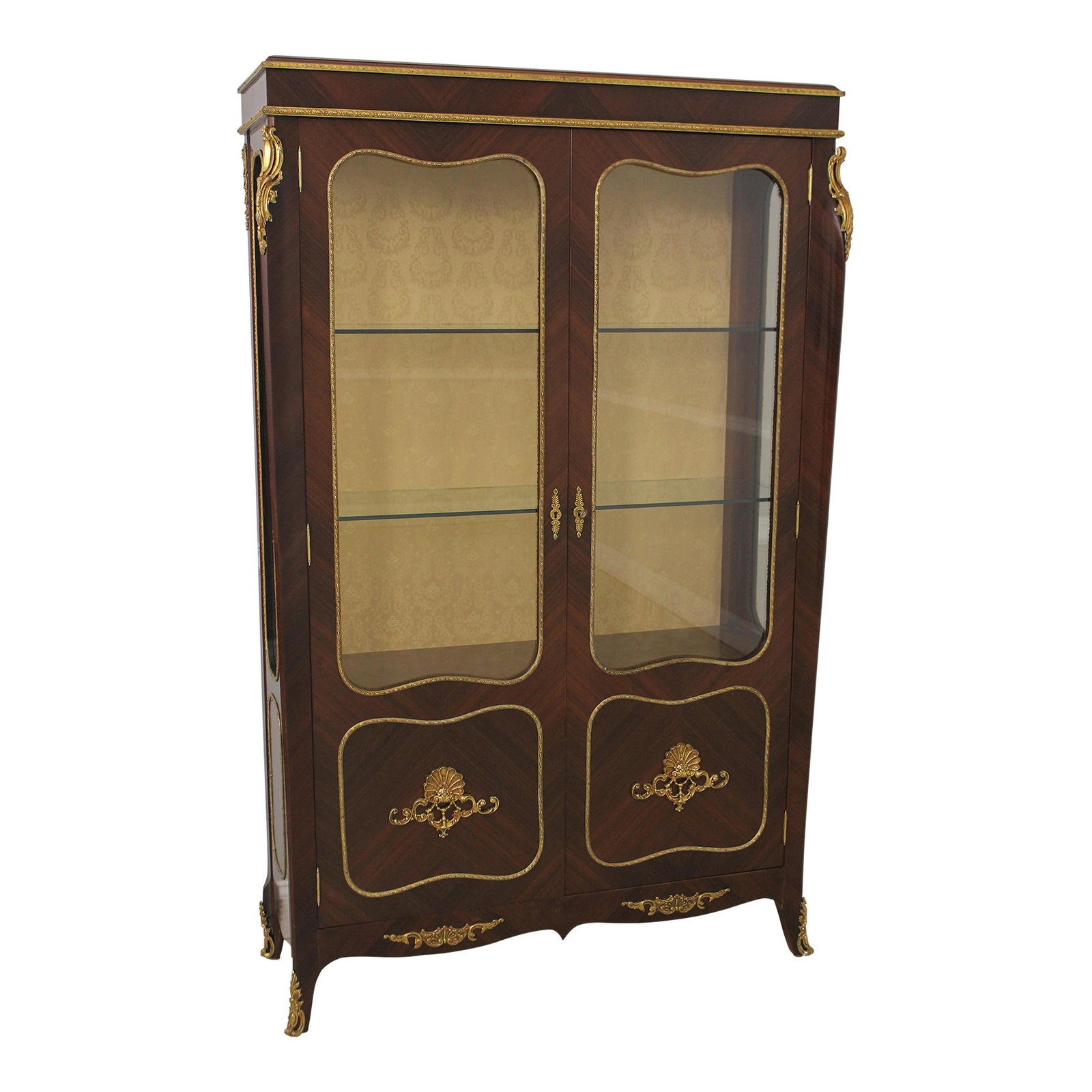 French Louis XV Ormolu Mounted Display Cabinet 46w x 16d x 72.5h: French Louis XV Ormolu Mounted Display Cabinet 46w x 16d x 72.5h This exquisite French Louis XV display cabinet showcases high-quality construction and elegant design. Featuring a stunning gold uphols