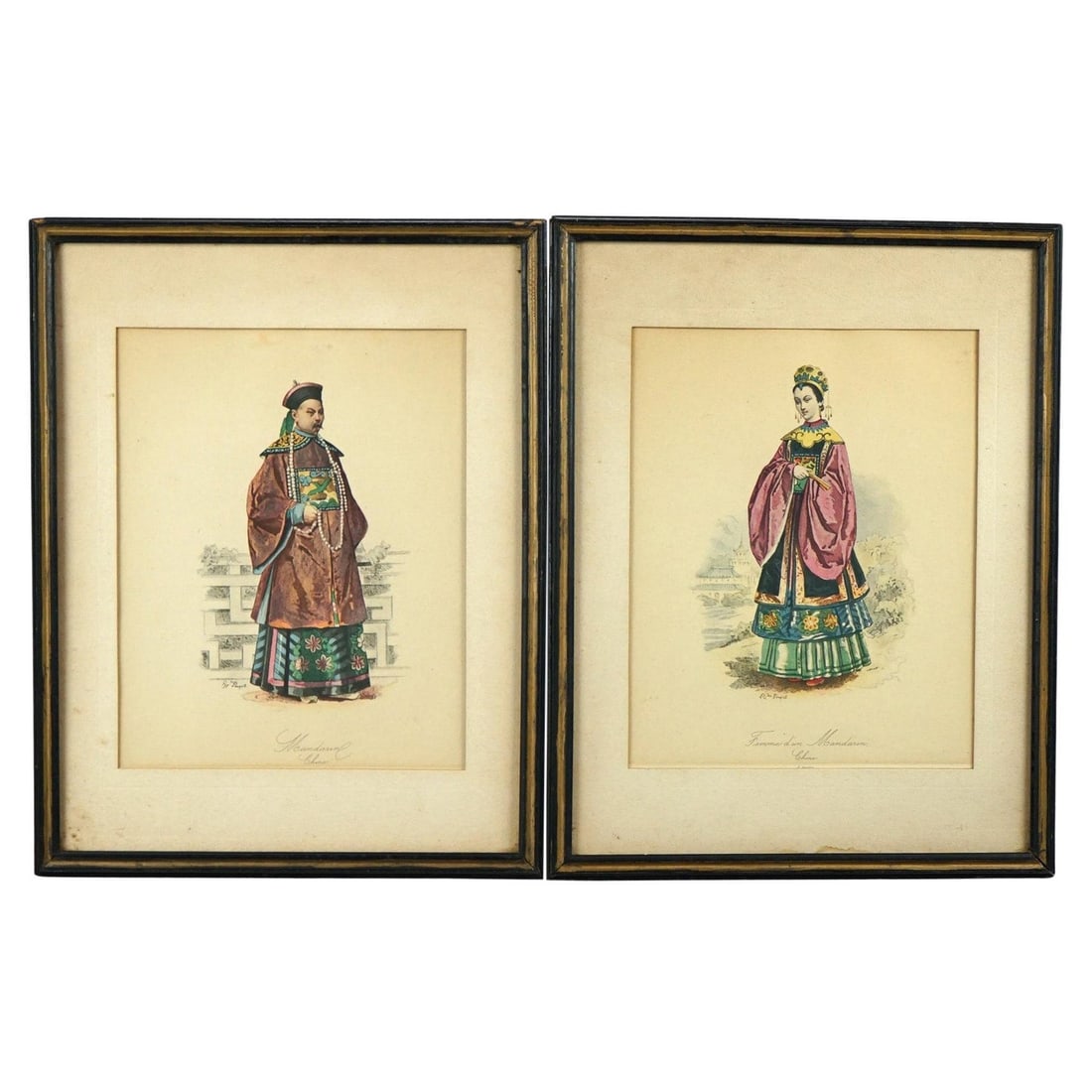 Antique Set of 2 Hand Colored Oriental Royalty Prints c1900: Antique Set of 2 Hand Colored Oriental Royalty Prints c1900 This exquisite antique set of hand-colored prints showcases a man and woman of royalty, elegantly dressed in traditional Oriental attire. Da