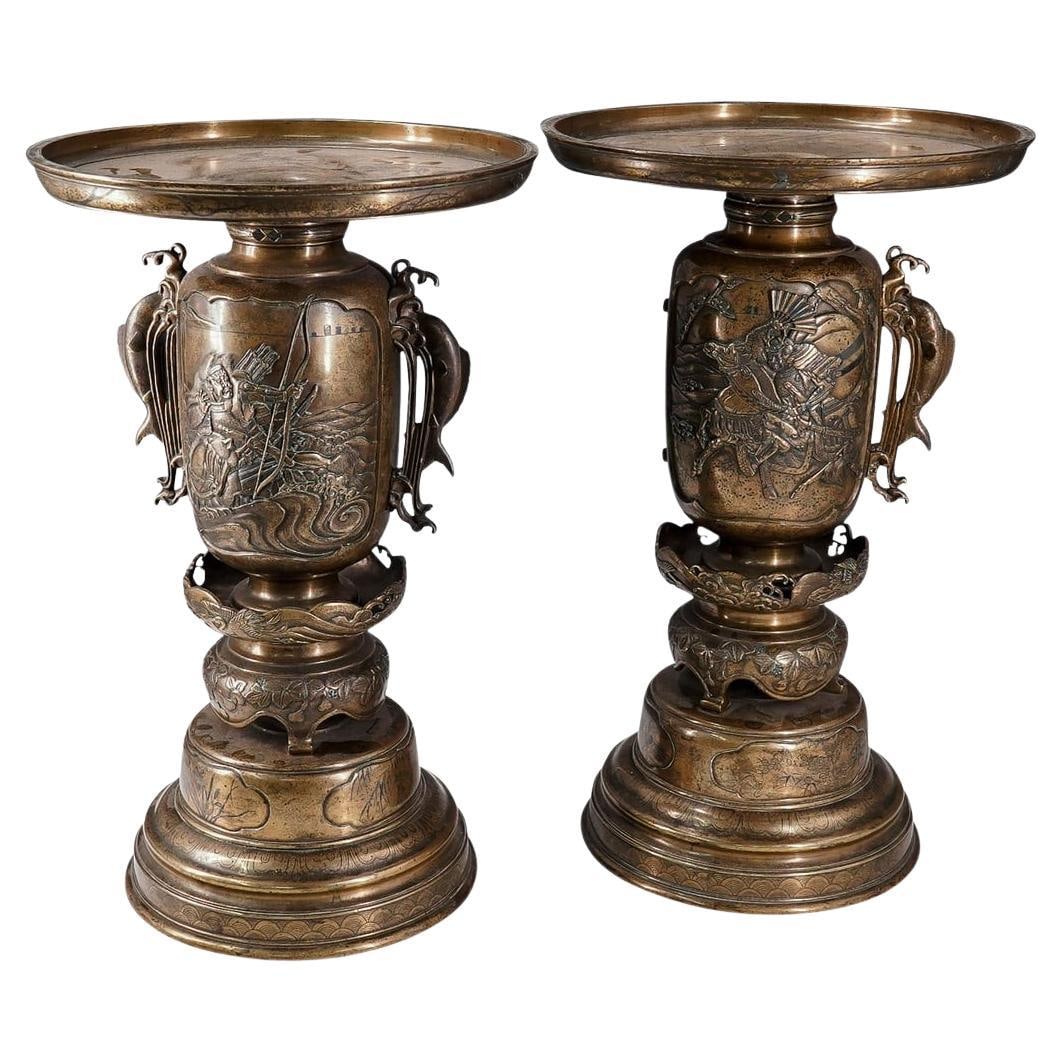 Set of Two Meiji Period Japanese Bronze Usabata Ikebana Vases: Set of Two Meiji Period Japanese Bronze Usabata Ikebana Vases This pair of antique Meiji period Japanese usabata ikebana vases dates to the late 19th century. Each vase is crafted in four sections fro